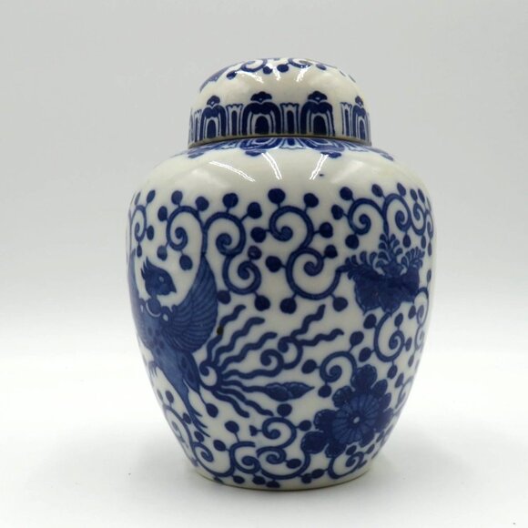 Ginger Jar Vase Lid Blue White Porcelain 5" Phoenix Floral Asian Designs - Picture 3 of 10